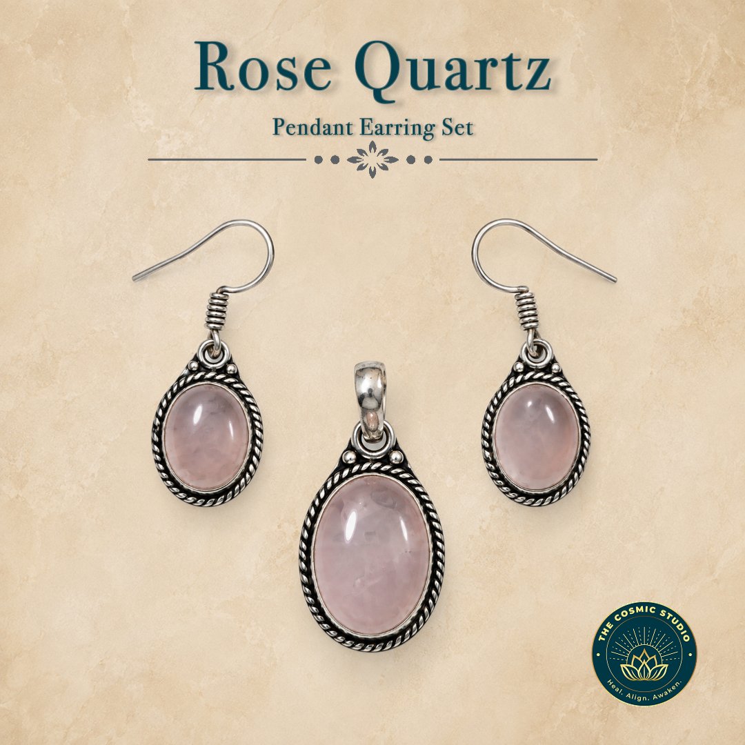 Rose Quartz Pendant Earring Set